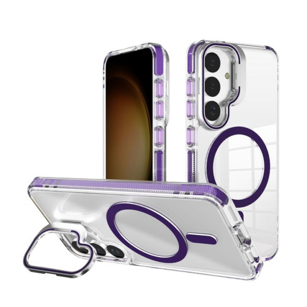 3 in 1 Shockproof Clear Phone Case with metal lens camera frame holder For Samsung S24plus Transparent Magnetic Cell phone Cover