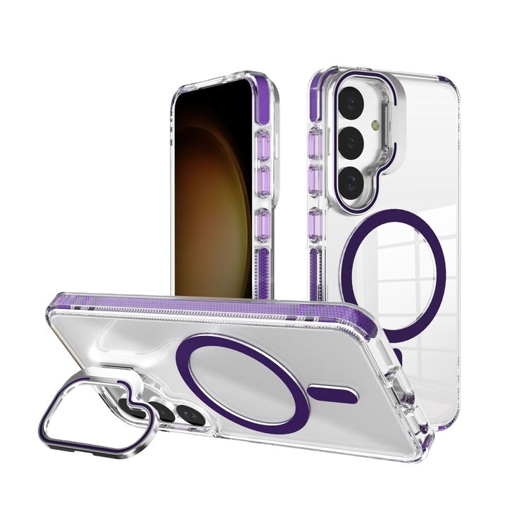 3 in 1 Shockproof Clear Phone Case with metal lens camera frame holder For Samsung S24plus Transparent Magnetic Cell phone Cover