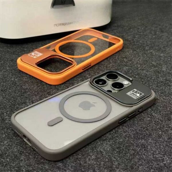 Luxury Camera Stand Glass Transparent Magnetic Shockproof Phone Case For iPhone 15 Pro Max 16