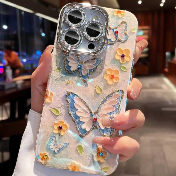 Luxury Glitter Oil Painting Butterfly Pattern Laser Shockproof Phone Case For iPhone 15 Pro Max