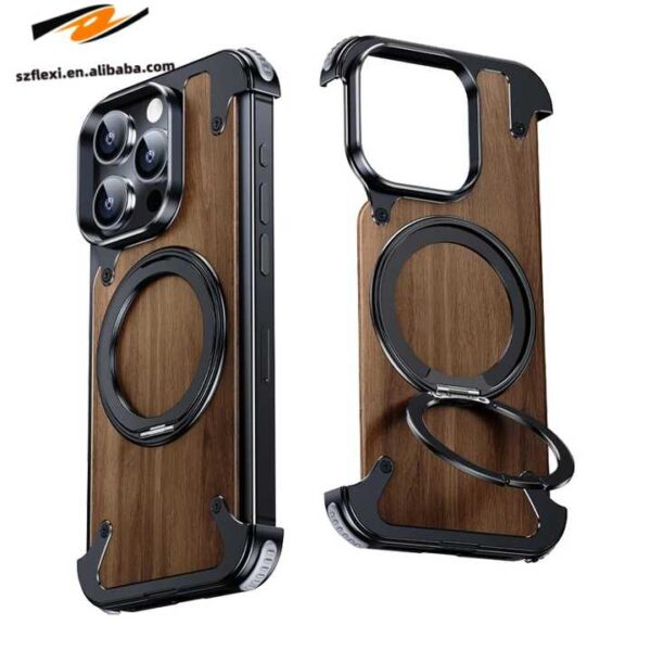 Natural Fragrance Walnut Wood Case For Iphone 16 15 14 Pro Max Case Magnetic 360 Degrees Rotating Metal Raw Wood Case