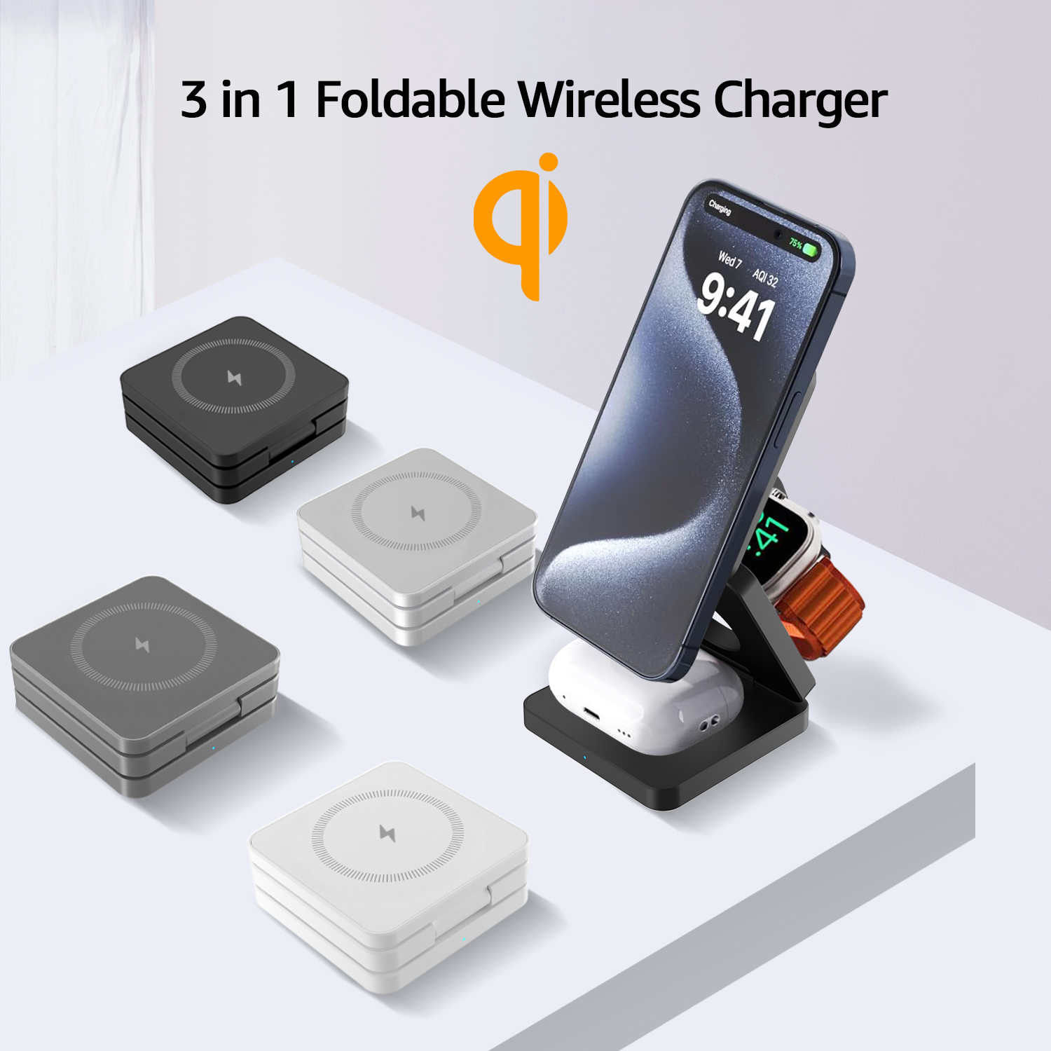 15w 3 in 1 Magnetic Wireless Charger Folding Stand For iPhone 16 15 14 13 12 Foldable Wireless Charger