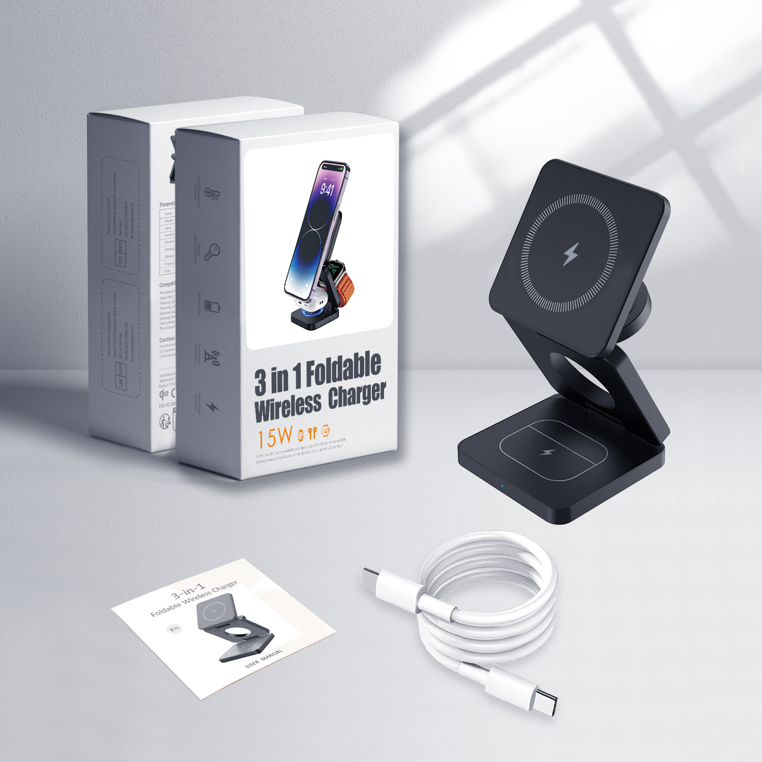 15w 3 in 1 Magnetic Wireless Charger Folding Stand For iPhone 16 15 14 13 12 Foldable Wireless Charger