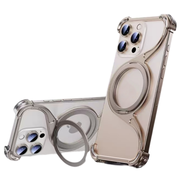 Aluminium Alloy Magnetic Frameless Phone Case For iPhone 15 16 Pro Max With 360° Rotation Stand Bumper Shockproof Metal Cover