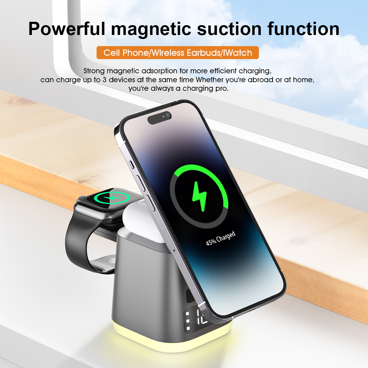 Factory Private Molde Foldable Magnetic Led desk lamp with Alarm Clock Wireless Charger Stand