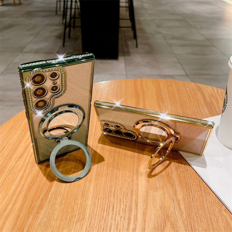 Makeup Mirror Magnetic Charging Holder Inlaid Rhinestone Plating TPU Phone Cover For Samsung A35 A55 A25 S24 Plus S22 S23 Ultra
