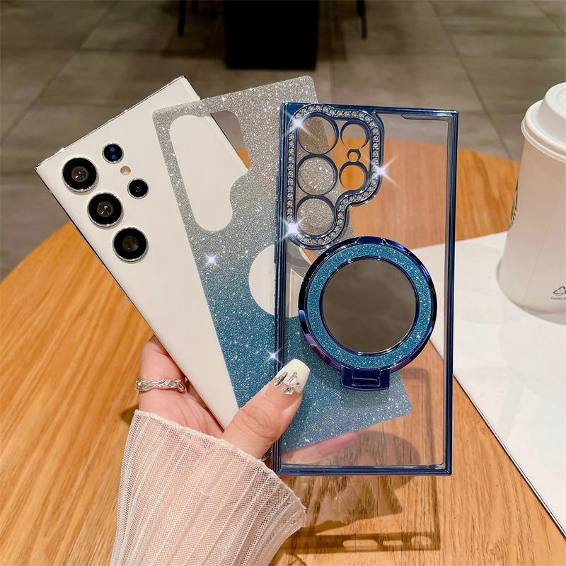 Makeup Mirror Magnetic Charging Holder Inlaid Rhinestone Plating TPU Phone Cover For Samsung A35 A55 A25 S24 Plus S22 S23 Ultra