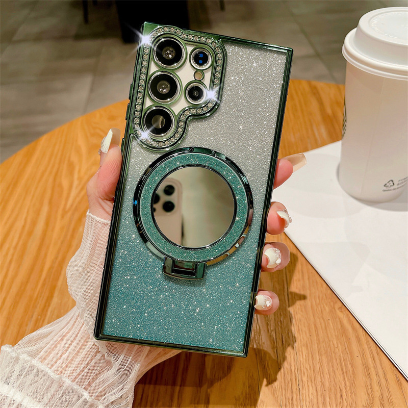 Makeup Mirror Magnetic Charging Holder Inlaid Rhinestone Plating TPU Phone Cover For Samsung A35 A55 A25 S24 Plus S22 S23 Ultra