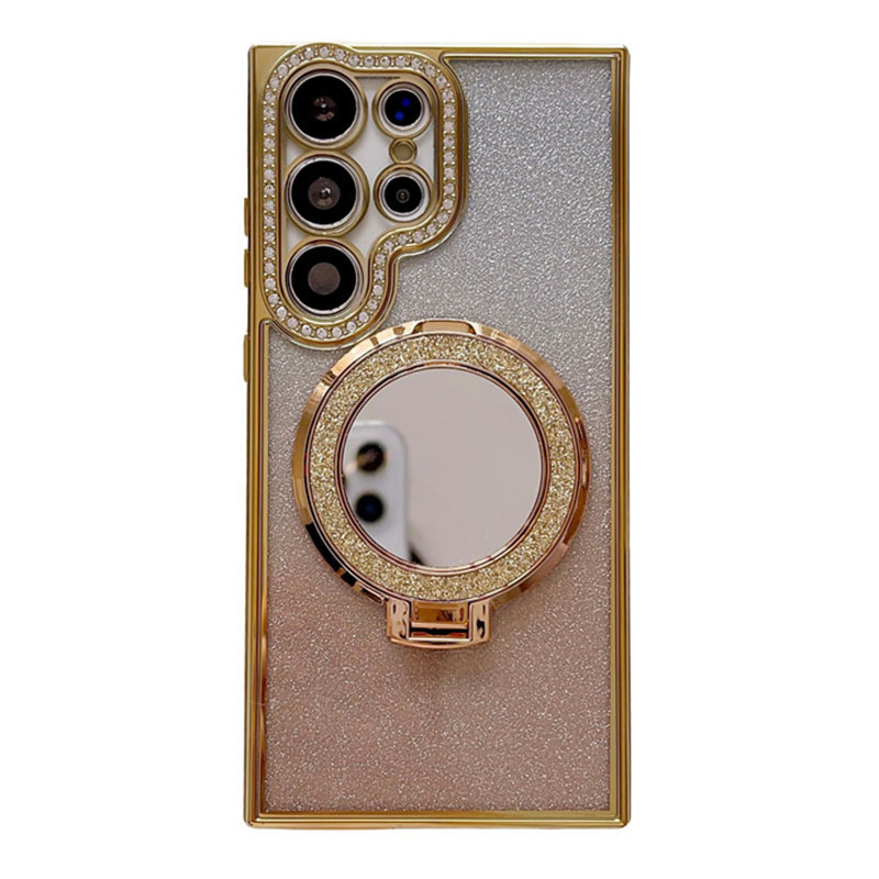 Makeup Mirror Magnetic Charging Holder Inlaid Rhinestone Plating TPU Phone Cover For Samsung A35 A55 A25 S24 Plus S22 S23 Ultra